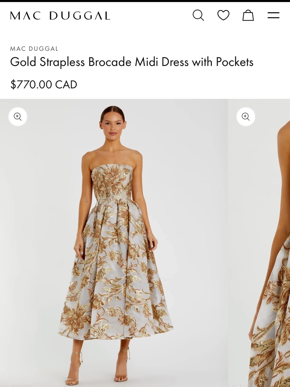 Mac Duggal Strapless Floral Brocade Midi Dress in Gold and light Blue